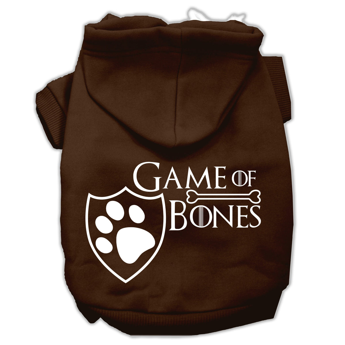 Brown pet hoodie with front paw shield graphic and hood