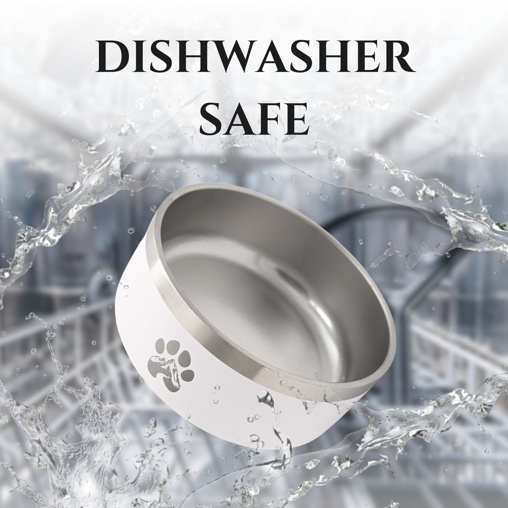 White stainless steel feeder bowl with paw print, dishwasher-safe design