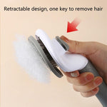 Pet hair remover brush with retractable comb, white cover sliding on gray handle