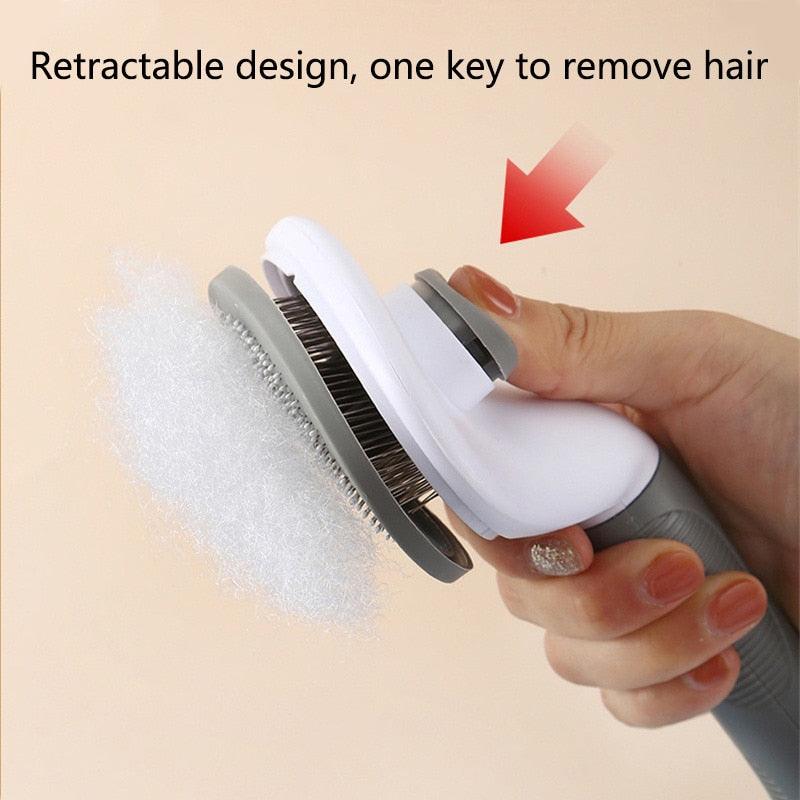 Pet hair remover brush with retractable comb, white cover sliding on gray handle
