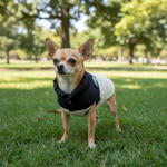 Cozy cotton pet jacket on dog, black with beige panel and front snap closure