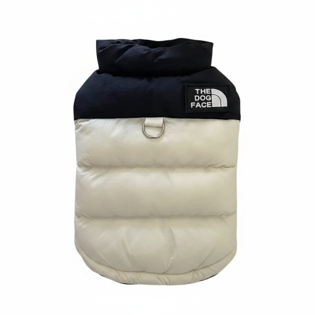 Cozy cotton pet jacket in black and cream puffer style with front ring and logo patch