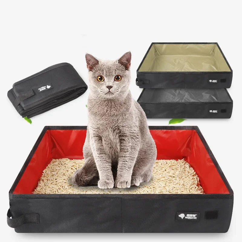 Portable folding pet litter box with dark frame, beige filler, and opening lid