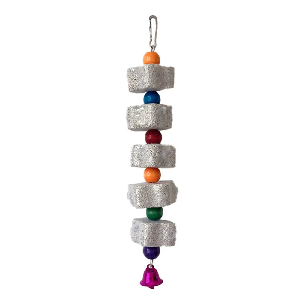 Hanging volcanic rock chew toy with stacked cubes and orange, blue, green, purple beads, bell