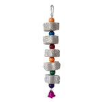 Hanging volcanic rock chew toy with stacked cubes and orange, blue, green, purple beads, bell