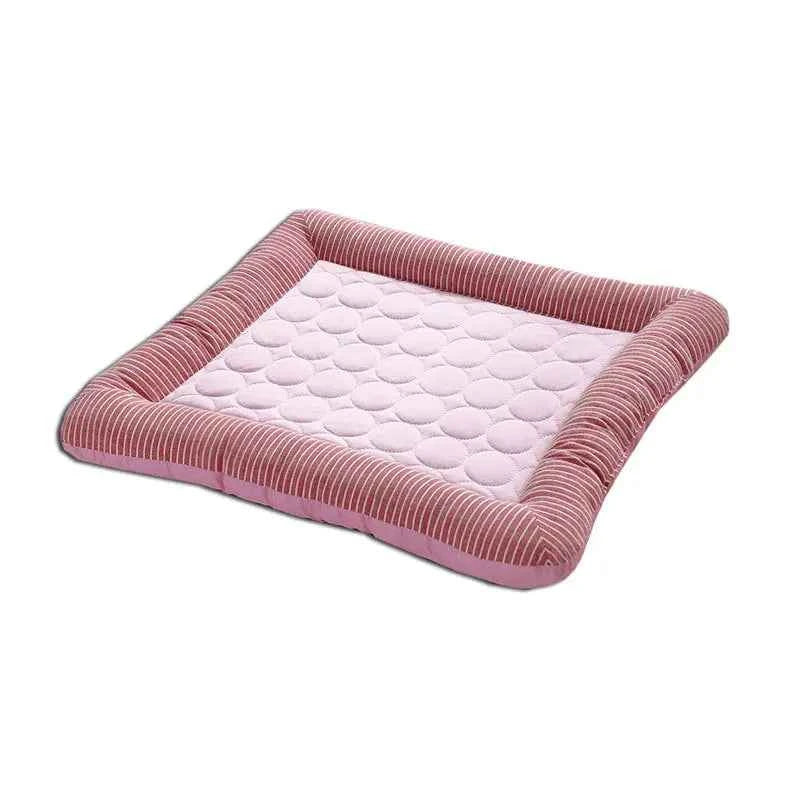 Pink pet cooling mat with light cushion and gray striped border