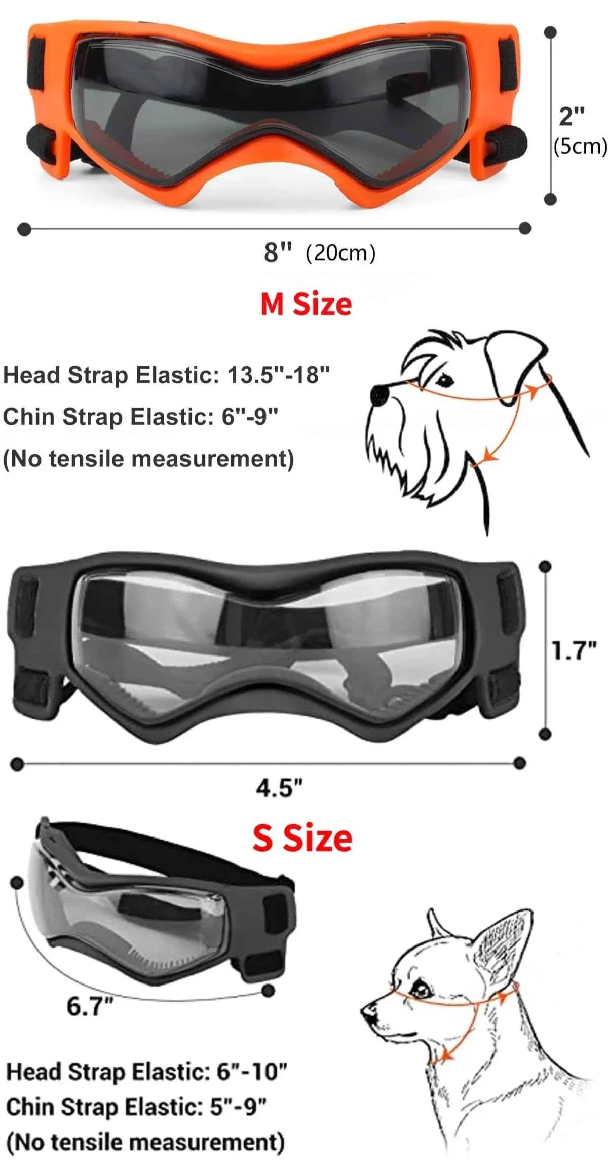 Rote UV-Goggles für Haustiere, Größenangaben für M- und S-Ausführung