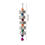 Hanging volcanic rock chew toy with stacked cubes and colorful beads, purple bell charm