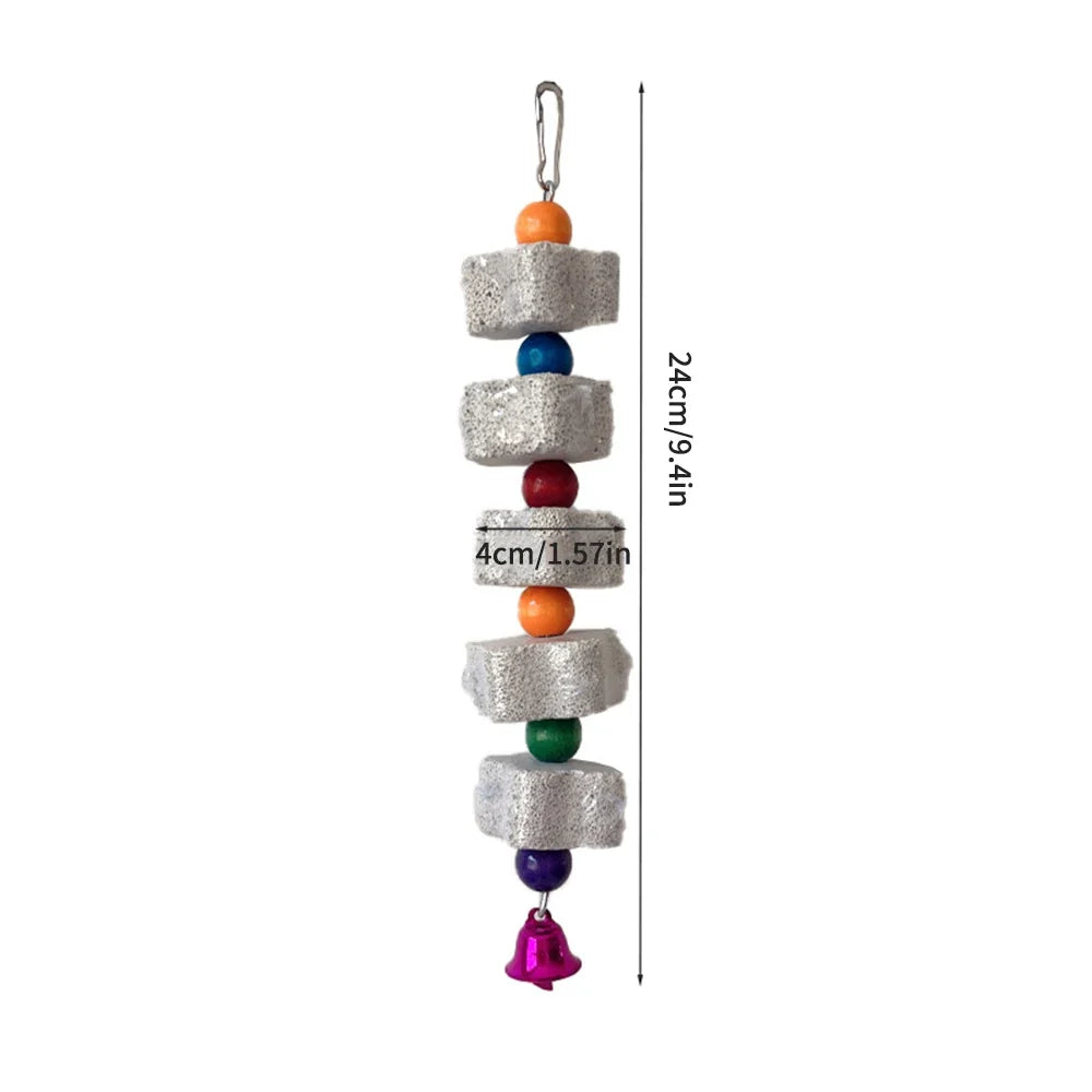 Hanging volcanic rock chew toy with stacked cubes and colorful beads, purple bell charm