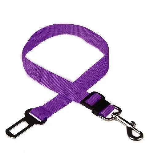 Purple pet car seat belt harness with adjustable clip and metal snap hook D-ring