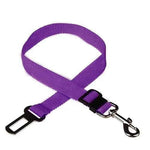 Purple pet car seat belt harness with adjustable clip and metal snap hook D-ring