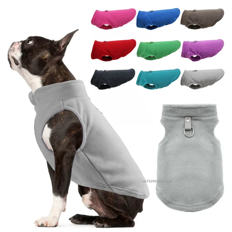 Grey fleece dog vest with D-ring leash ring and open leg holes