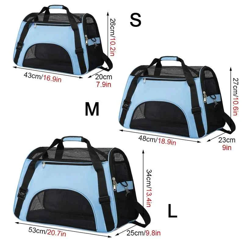 Portable cat & dog carrier bag size chart S M L with front mesh opening