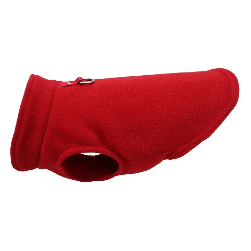 Red fleece dog jacket vest with D-ring, open chest and arched cutout neck