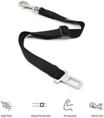 Pet car seat belt harness with black webbing and metal snap clip, adjustable buckle
