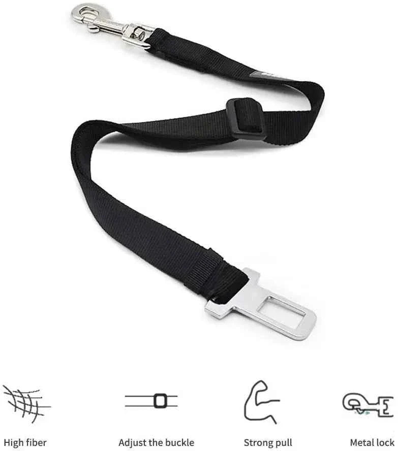 Pet car seat belt harness with black webbing and metal snap clip, adjustable buckle