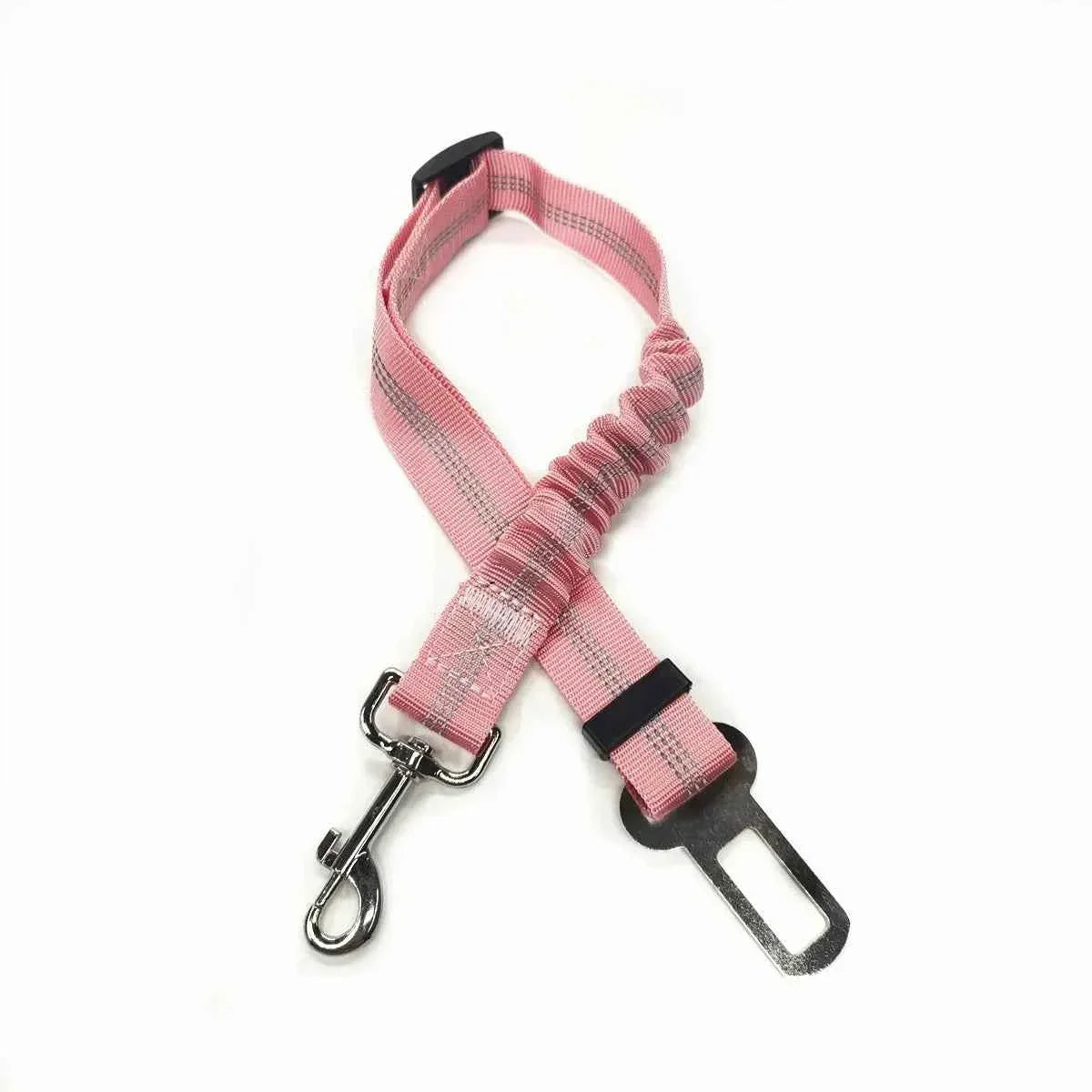 Light pink pet car seat belt harness with adjustable clip and metal snap hook D-ring