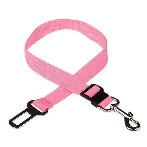 Pink pet car seat belt harness with adjustable clip and metal snap hook D-ring