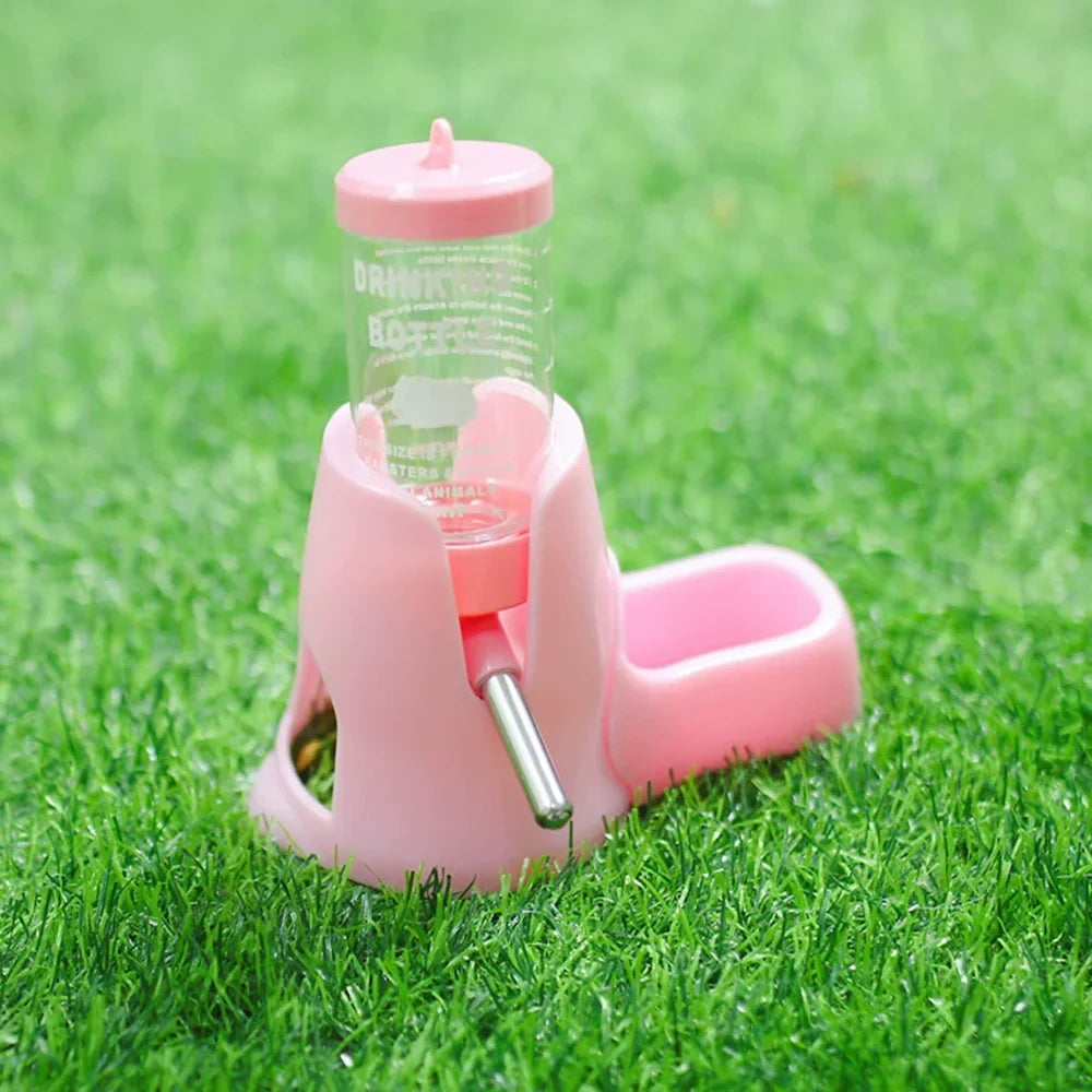 Pink automatic pet water bottle feeder dispenser with metal drinking tube