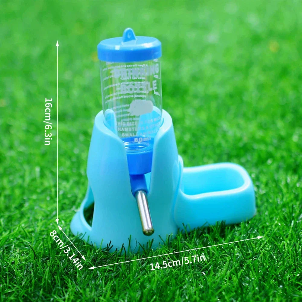 Blue automatic pet water bottle feeder dispenser on base with metal drinking tube