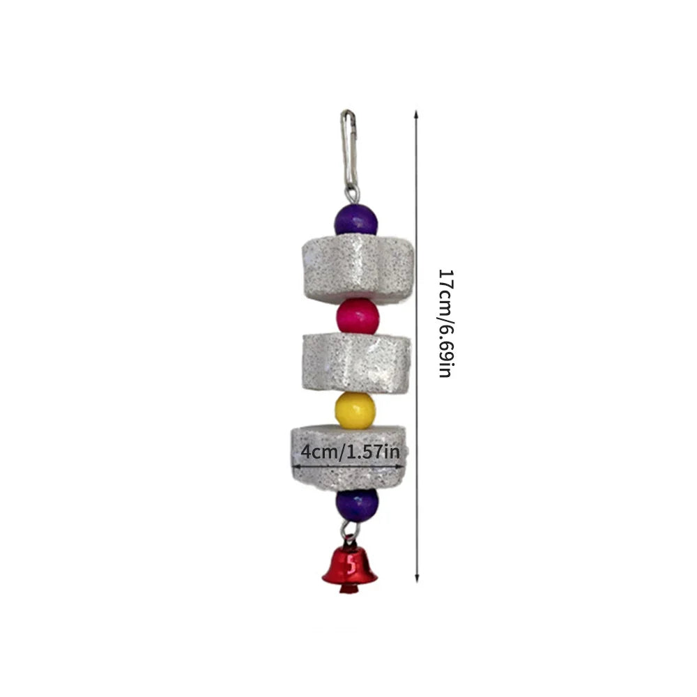 Hanging volcanic rock chew toy with stacked cubes and multicolor beads, bell charm