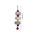 Hanging volcanic rock chew toy with stacked cubes and multicolor beads, bell charm