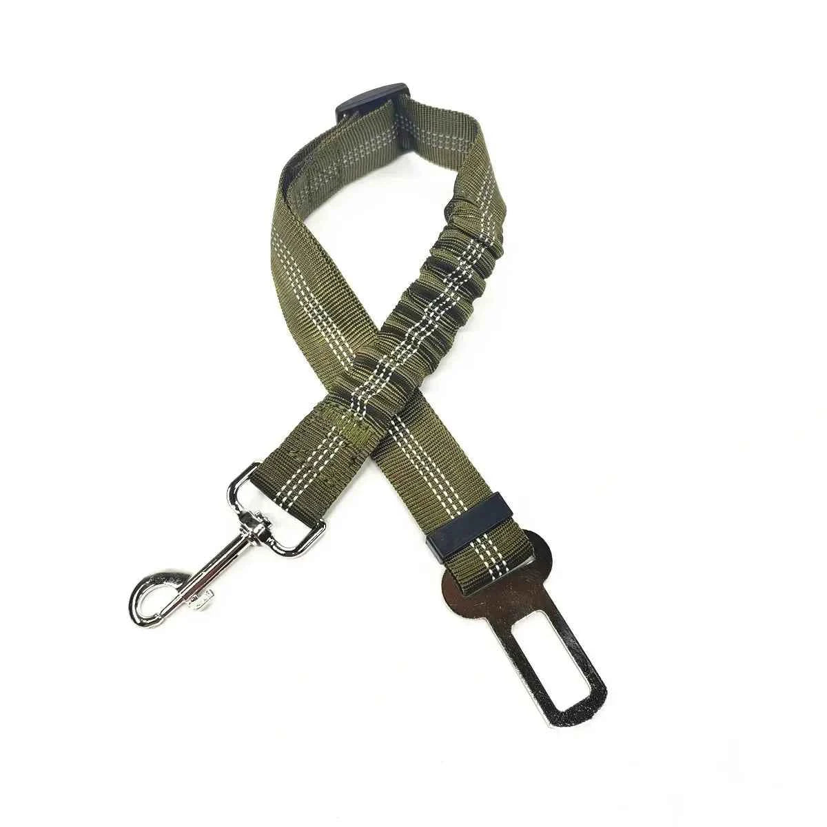 Olive green pet car seat belt harness with adjustable clip and metal snap hook D-ring