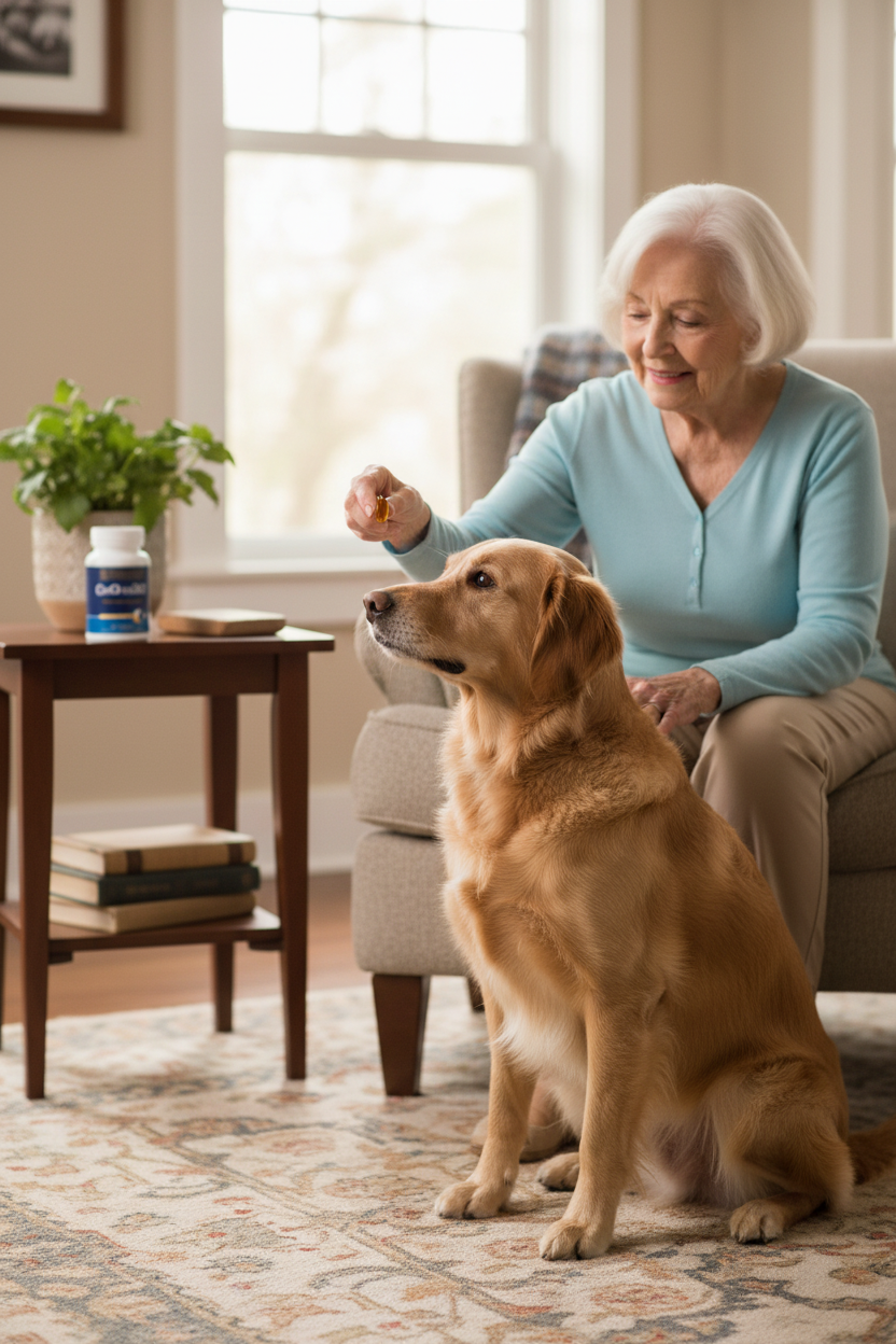 CoQ10 pet health supplement bottle on table with dog and person sitting nearby