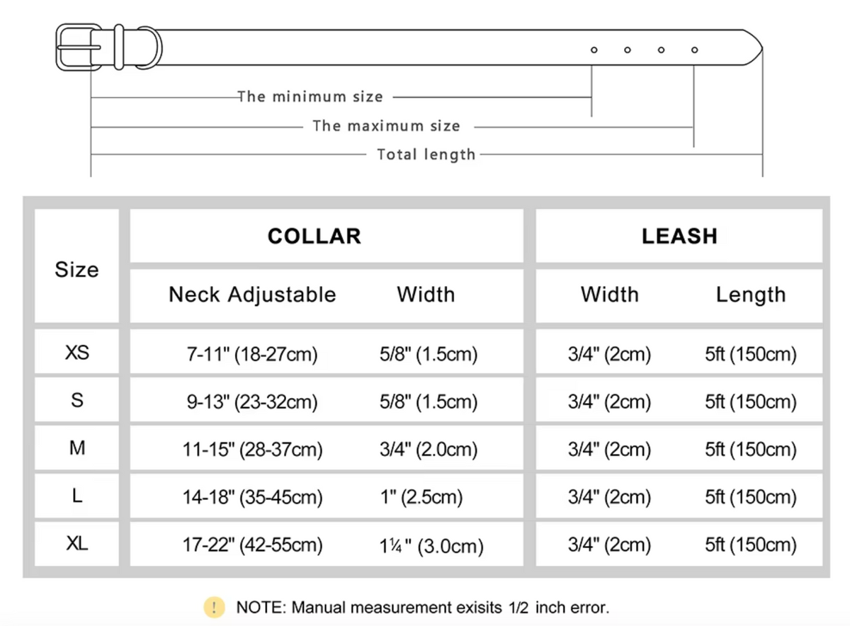 Collar size chart with neck adjustable range and collar width