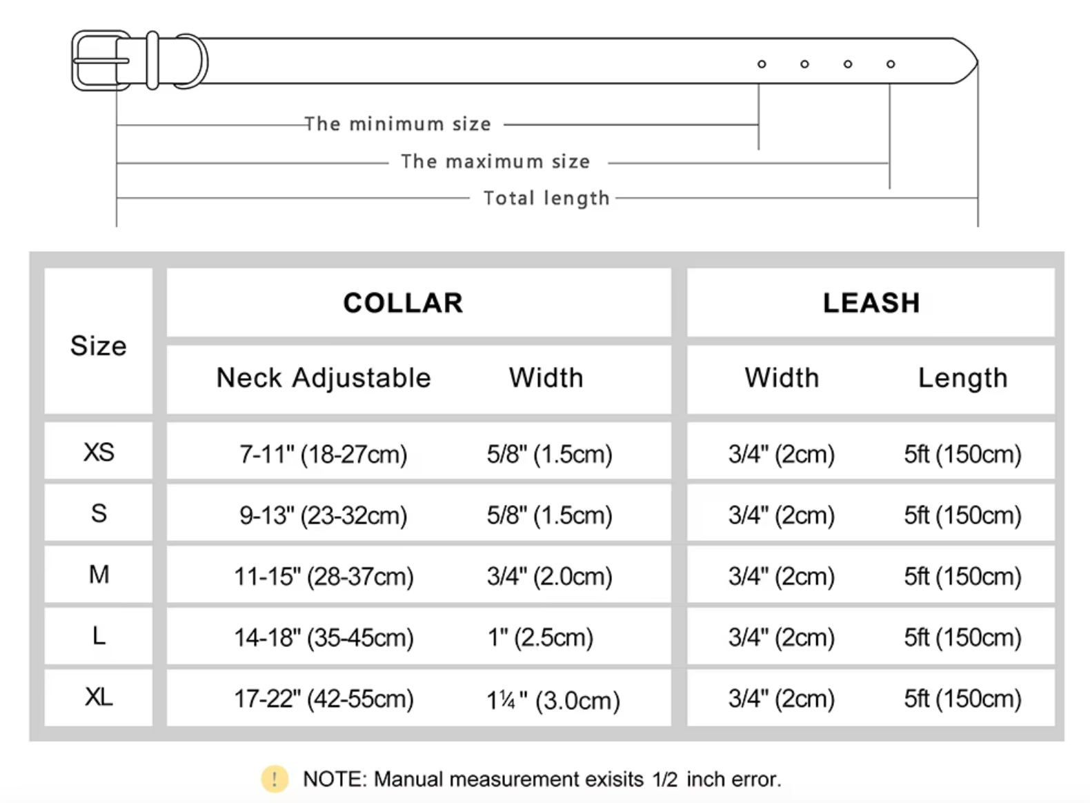 Collar size chart with neck adjustable range and collar width