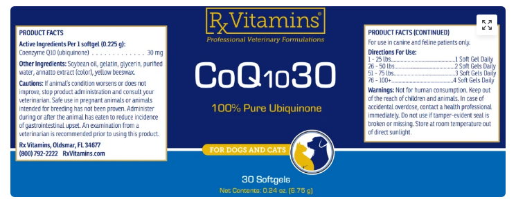 CoQ10 30 pet supplement box back label with product facts and feeding directions