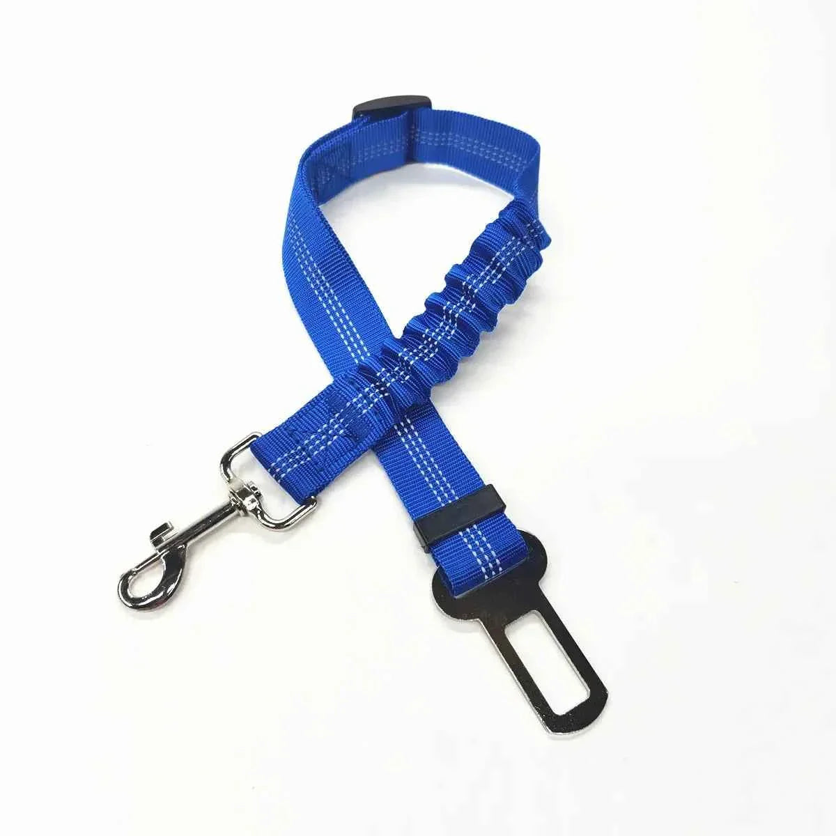 Blue pet car safety belt harness with adjustable clip and metal D-ring.