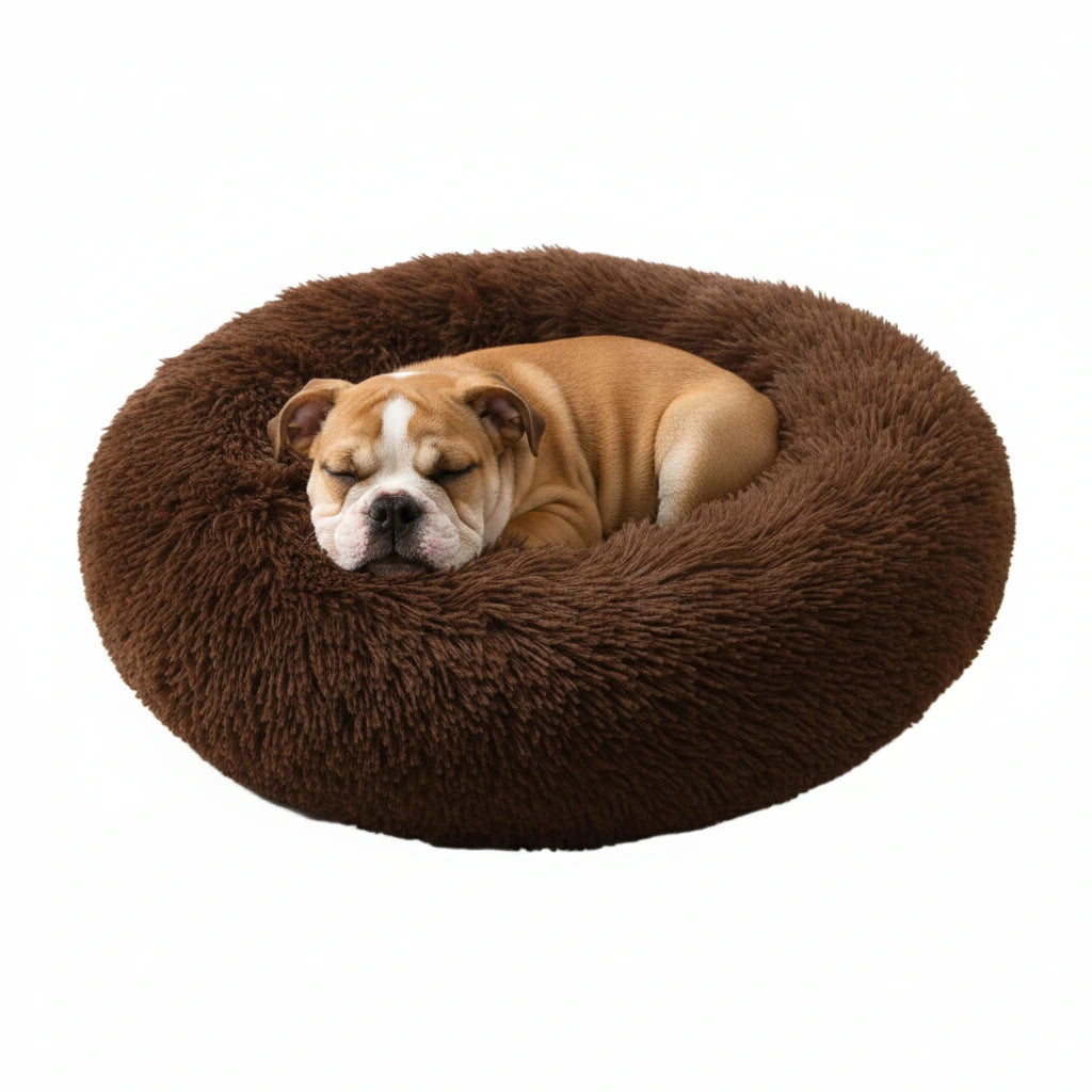 Plush round donut pet bed, coffee brown shag cushion with sleeping dog
