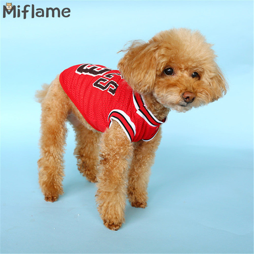 Red mesh basketball pet jersey with “BALLS 23” print and striped neck trim