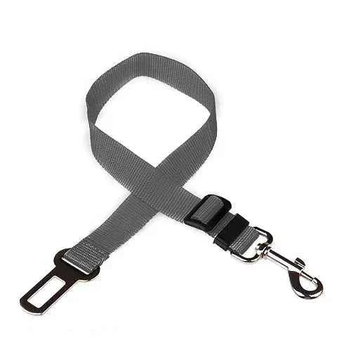 Gray pet car seat belt harness with adjustable clip and metal snap hook D-ring