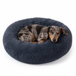 Plush round donut pet bed, dark grey shag cushion with sleeping dog