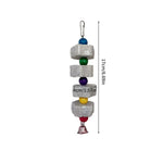 Hanging volcanic rock chew toy with stacked cubes and multicolor beads, metal bell
