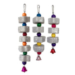 Hanging volcanic rock chew toy with stacked cubes, colorful beads, and metal bell charms