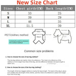 Dog jacket size chart with chest girth and back length measurements