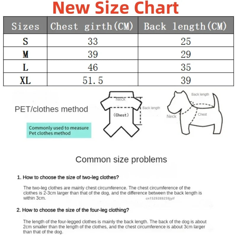 Dog jacket size chart with chest girth and back length measurements