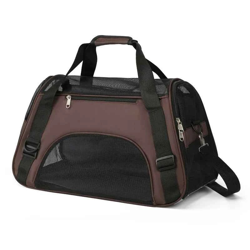 Brown portable cat & dog carrier bag with front mesh door and zip pocket
