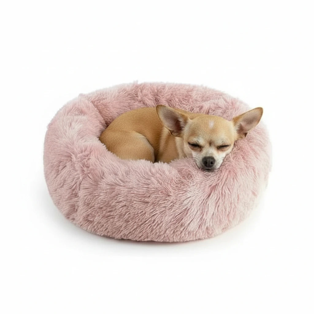 Plush round donut pet bed, blush pink shag cushion with sleeping small dog
