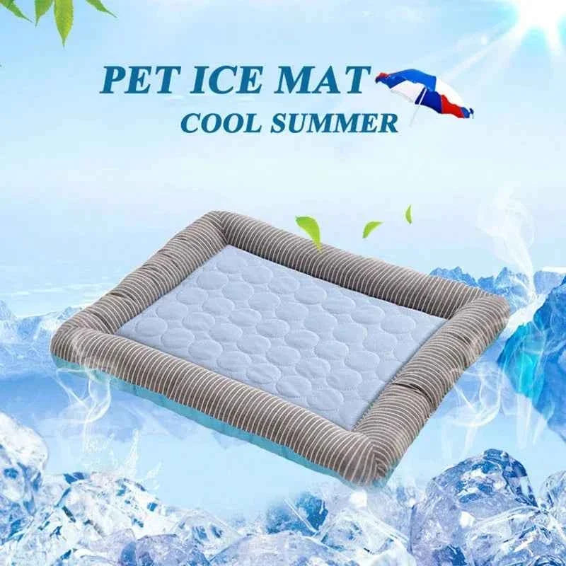 Light blue pet cooling mat with gray striped edges and raised bubble surface