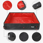 Portable folding pet litter box with red waterproof liner and close-up texture details