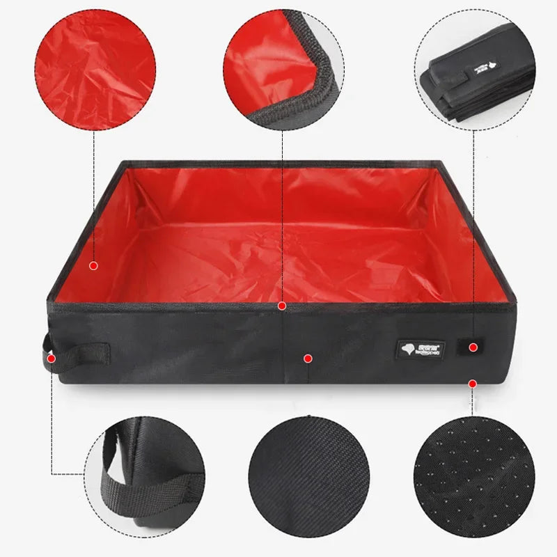 Portable folding pet litter box with red waterproof liner and close-up texture details