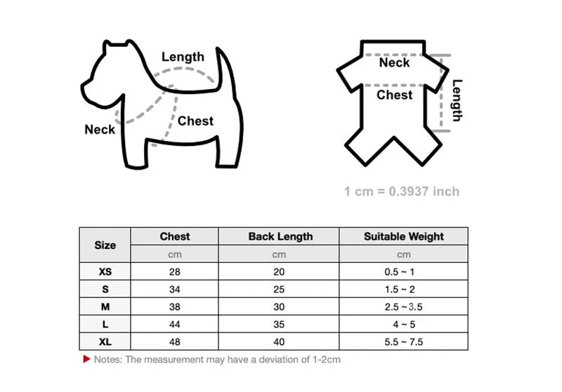Dog hoodie size chart with chest and back length measurements