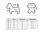 Dog hoodie size chart with chest and back length measurements