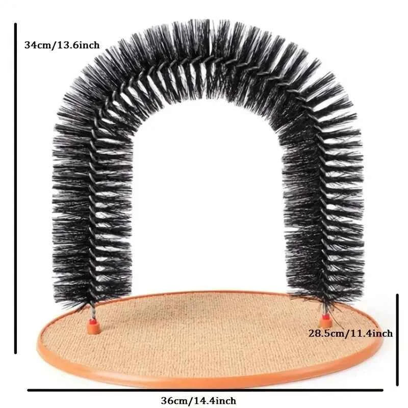 Black bristle arch scratching base on tan platform with red mounting tabs