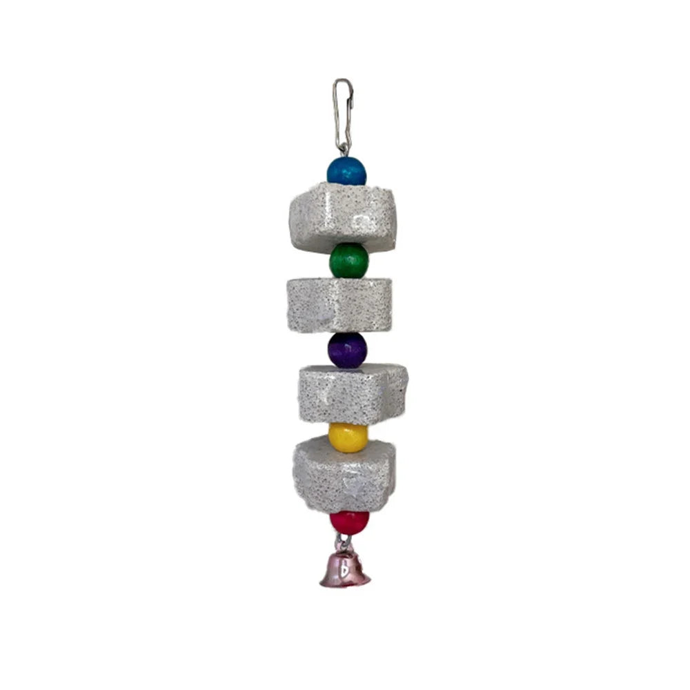 Hanging volcanic rock chew toy with stacked cubes and blue, green, purple, yellow, red beads