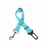 Pet car seat belt harness in turquoise fabric with metal hook and black buckle